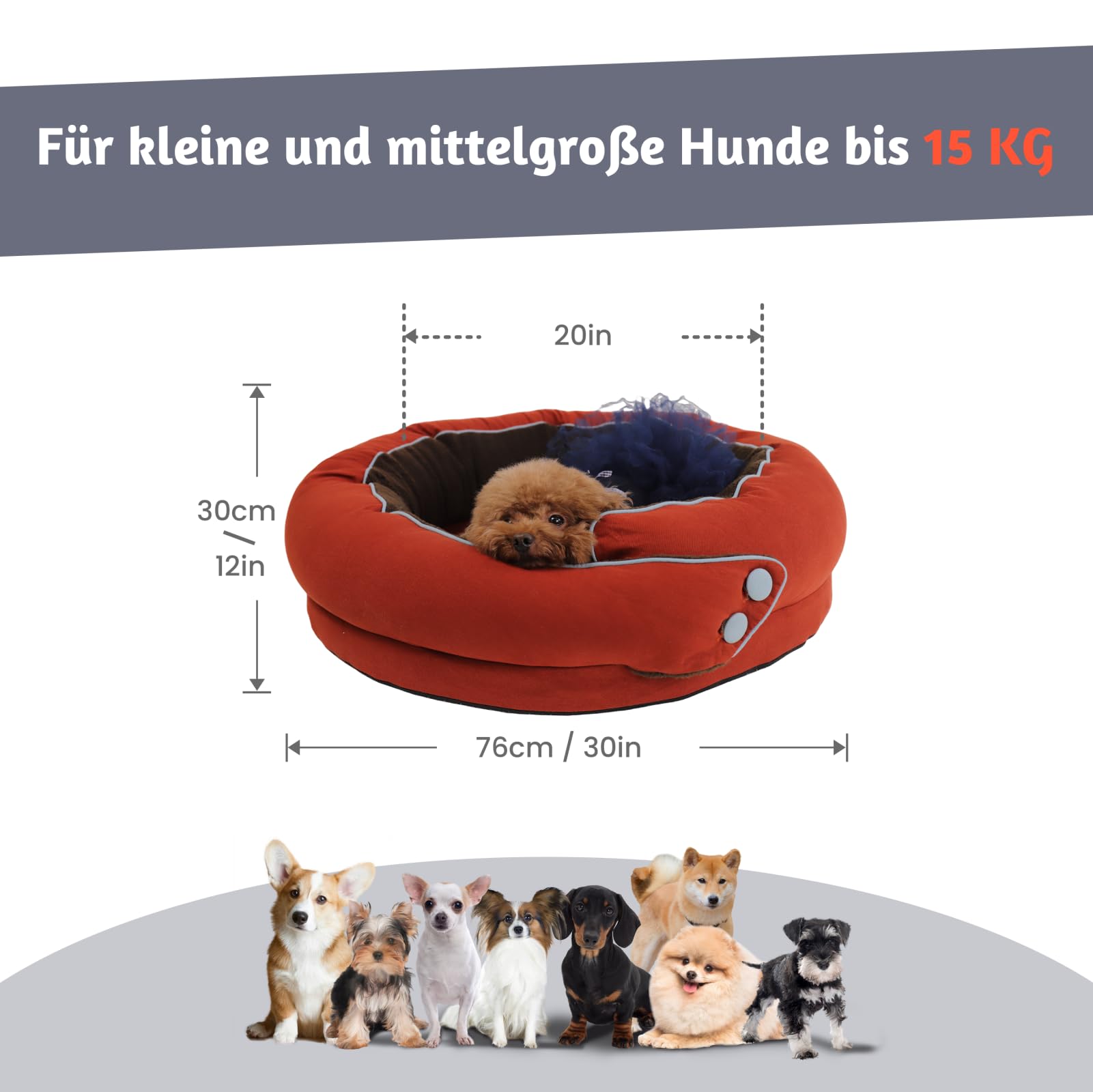 Kuscheliges Hundebett Rund mit Rand für Kleine und Mittelgroße Hunde, 76cm Donut Hundekorb Waschbar mit Doppelseitiges Kissen, Hundekissen rutschfest (Schwarz, M)