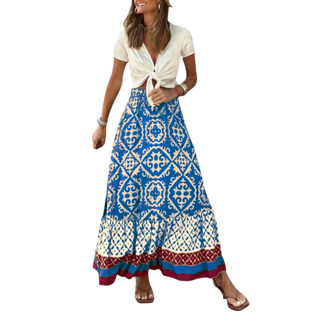 diffstyle Women Summer High Waist Boho Print Skirt A-Line Pleated Long Skirt Casual Holiday Beach Skirt