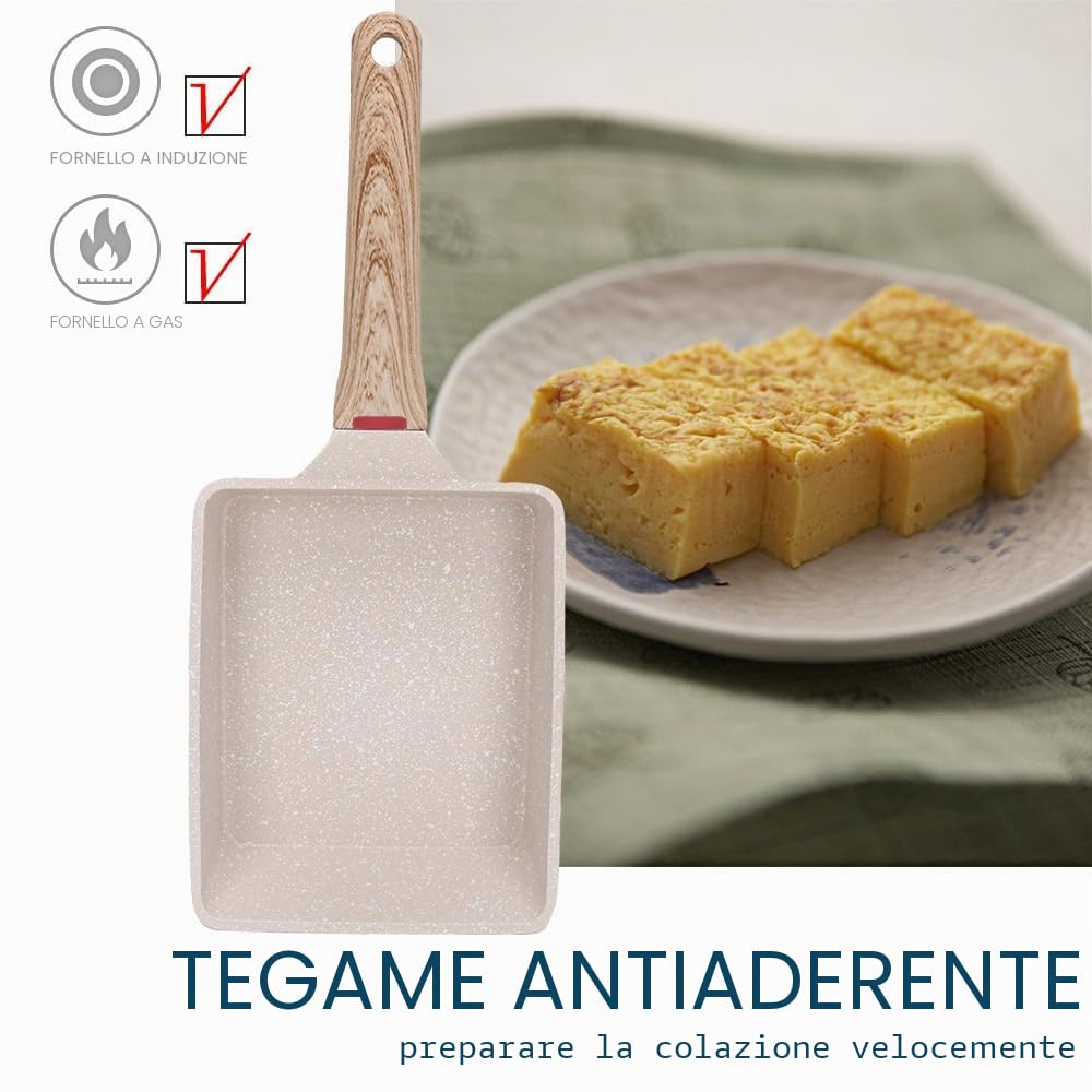 Padella per Omelette Giapponese, Padella Tamagoyaki con Spatola in Silicone, Pentole Rettangolare per Frittata per Induzione e Gas (Bianco)