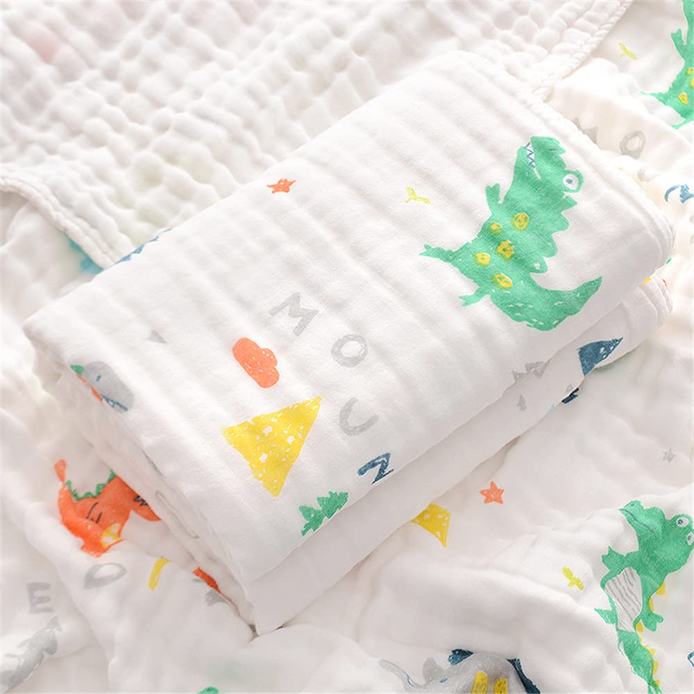 Chickwin Muslins Swaddle Blanket Baby Newborn Soft 6 Layers Cotton Muslins Cloths Cartoon Print Bath Towel Toddler Baby Shower Pram Cot Bed Sleeping Throw (Dinosaur,110x110cm)