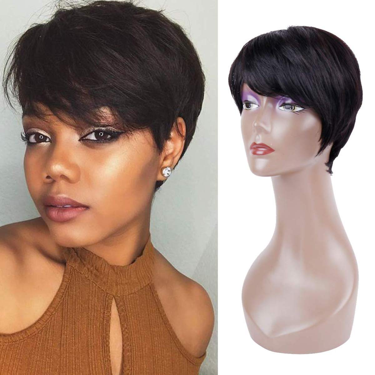 Buy Queentas® Pixie Cut Short Human Hair Wigs with Free Side Part Bangs
