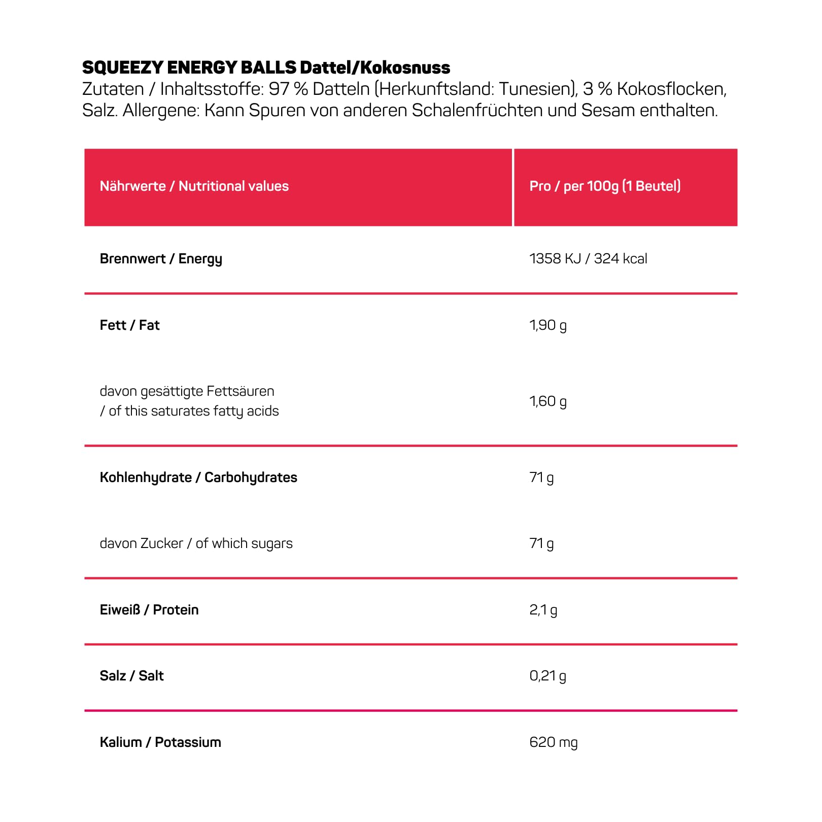 Squeezy Energy Balls (Dattel/Kokosnuss) 10x50g – High-Carb Ausdauersnack mit 71 g Kohlenhydraten | Mit Natrium & Kalium | Fettarm | Kompostierbare Verpackung | Ideal für Sport & unterwegs