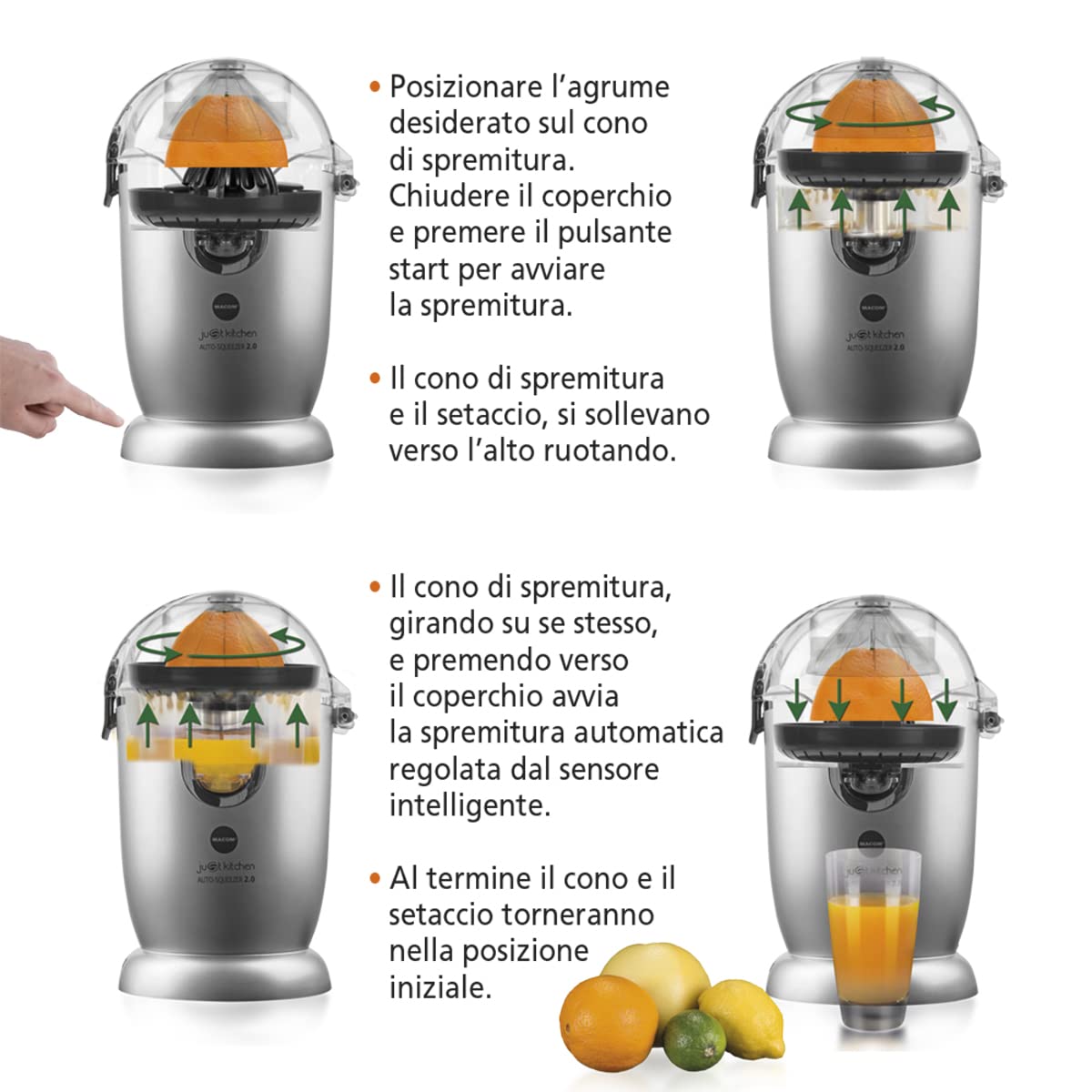 MACOM 874 Spremiagrumi Auto Squeezer 2.0, completamente Automatico, spreme con il semplice tocco di un Pulsante tutti gli agrumi, completamente smontabile per una facile pulizia