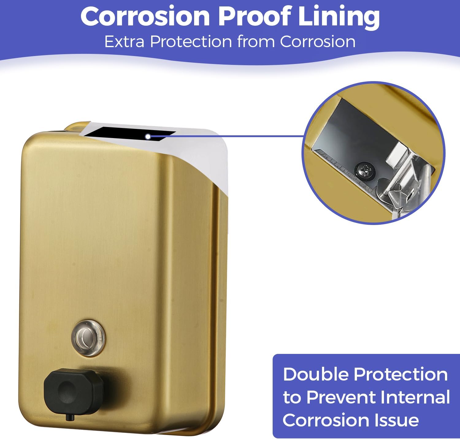 Brushed Gold Stainless Steel Vertical 1100ml/37oz Capacity Commercial-Grade Soap Dispenser, Wall-Mounted Bathroom Hand Soap Dispenser with Corrosion-Proof Lining and Anti-Leak Pump - Image 6