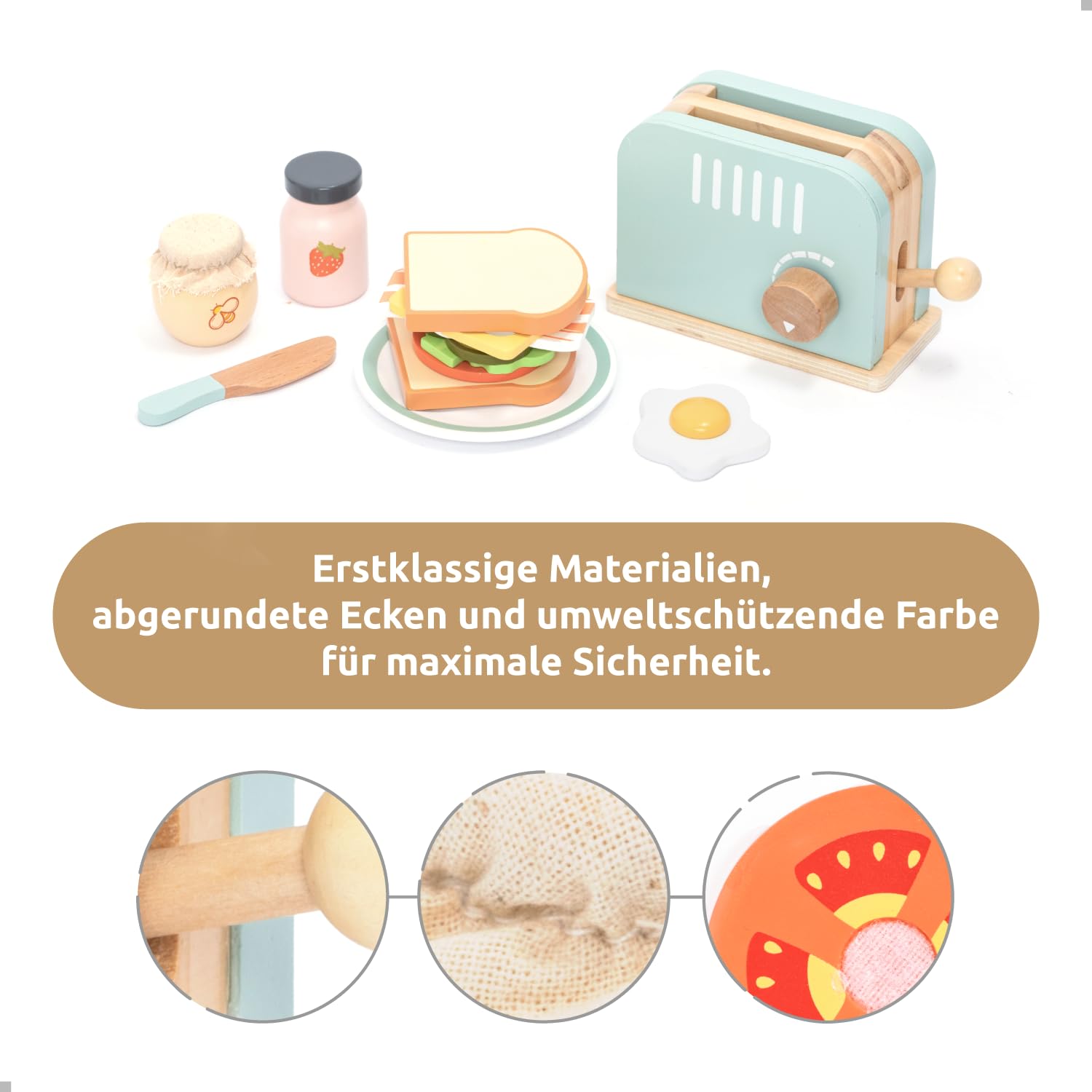 UMU® Holz Toaster & Sandwich Küchenspielzeug - inkl. Pop-up Toaster, Butter schneiden, Kinderküche Zubehör u. v. m., Holzspielzeug für Kinder ab 3 4 5 6 Jahren