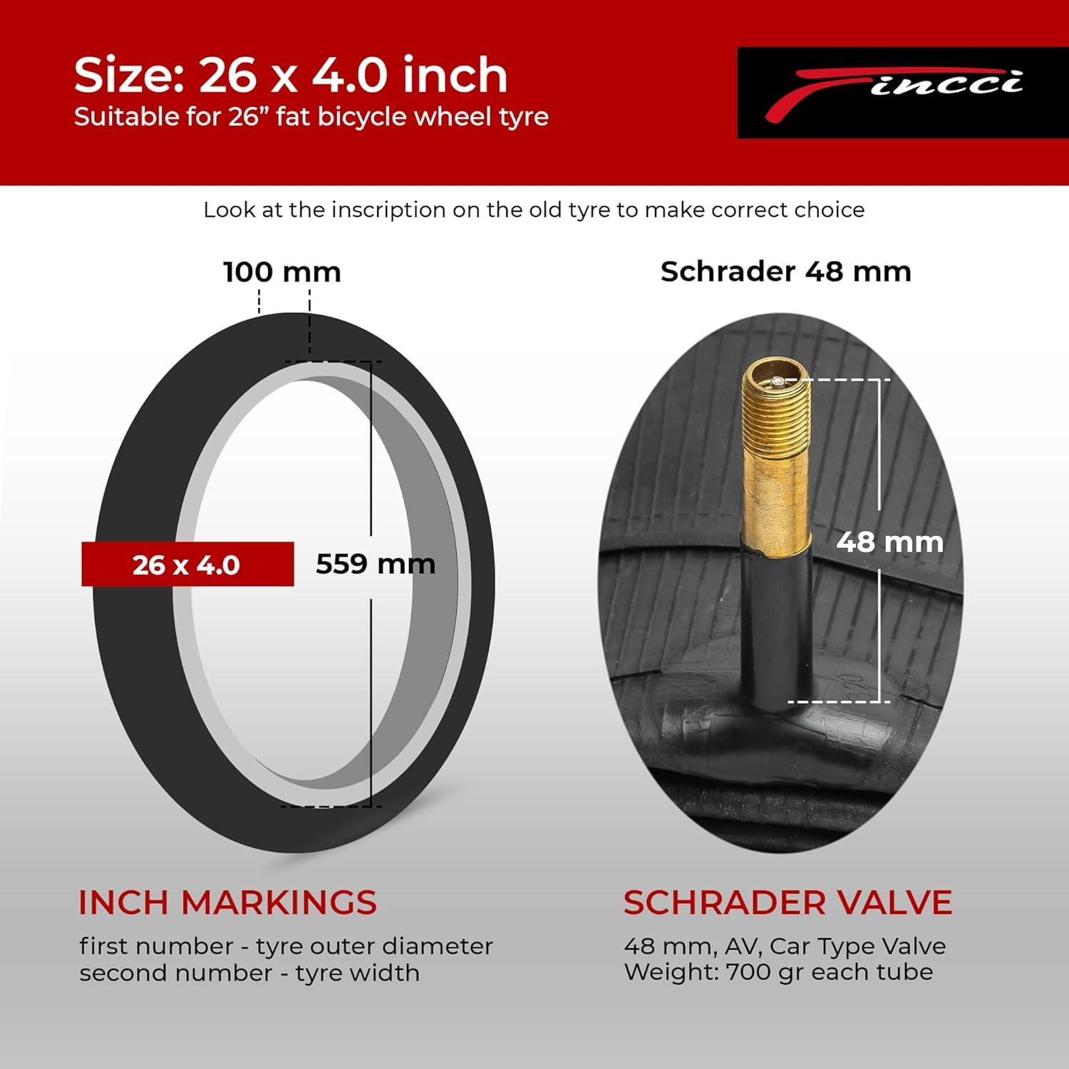 Fincci Cameras Fat bike 26 x 4.0 Pollici - Coppia Сameras d Aria 26 MTB con 48mm Schrader Valvola per Fat & Montagna bici & E bike & Strada Bicicletta, City bike Uomo - Confezione da 2 accessori