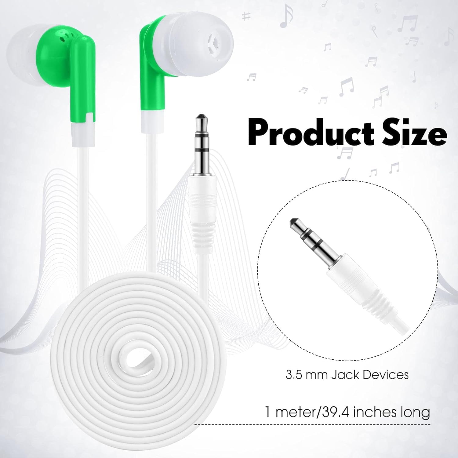 Lot de 100 écouteurs intra-auriculaires de 3,5 mm emballés individuellement avec fil pour étudiants, écoles adultes, hôpitaux, hôtels, bibliothèques, musées, cadeau MP3 (vert)