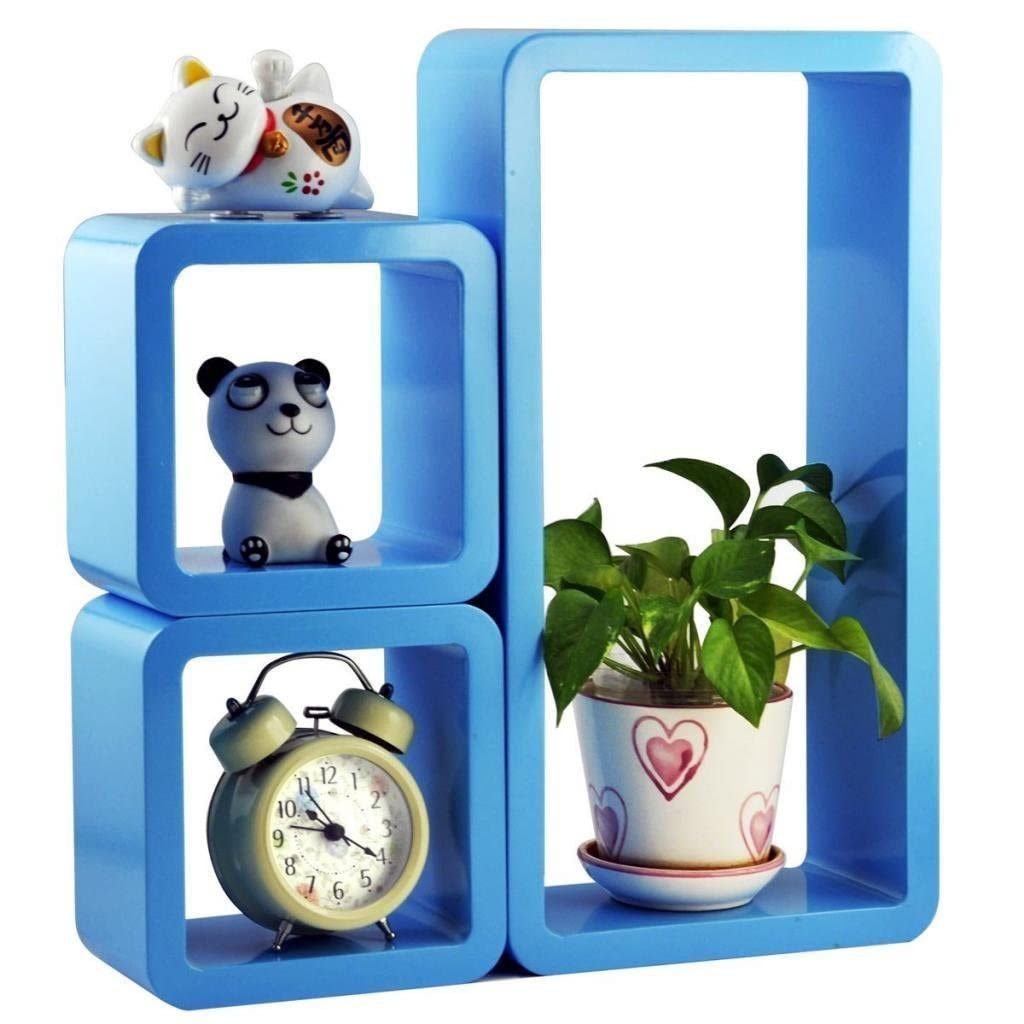 Wooden World Cube Floating, Wall Shelf, for Living Room,Drawing Room. (Set of 3) (Brown) (Blue)