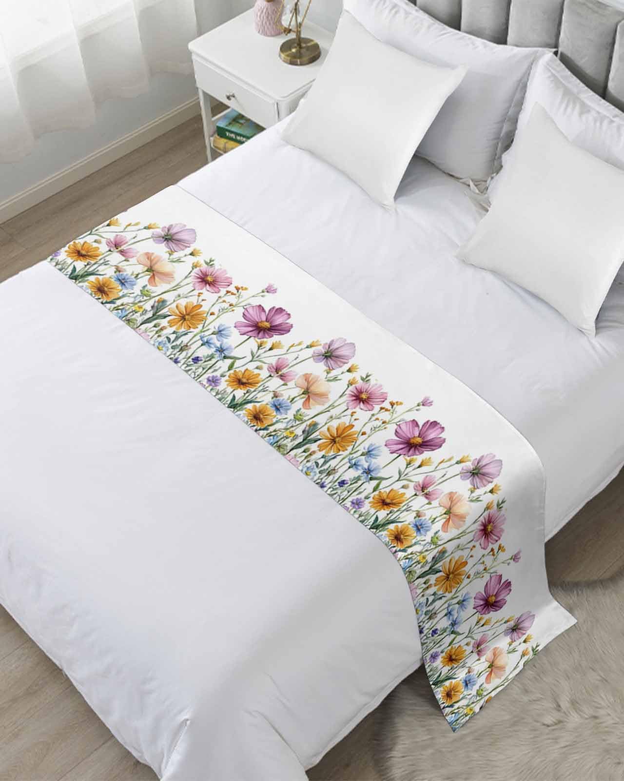 Bed Runner for Cal.King Size Bed, Spring Flowers Decorative Scarf Throws for Foot of Bed, Watercolor Colorful Botanical Floral Luxury Bedding Protector Slipcover for Hotel/Home, 102 x 20 Inch