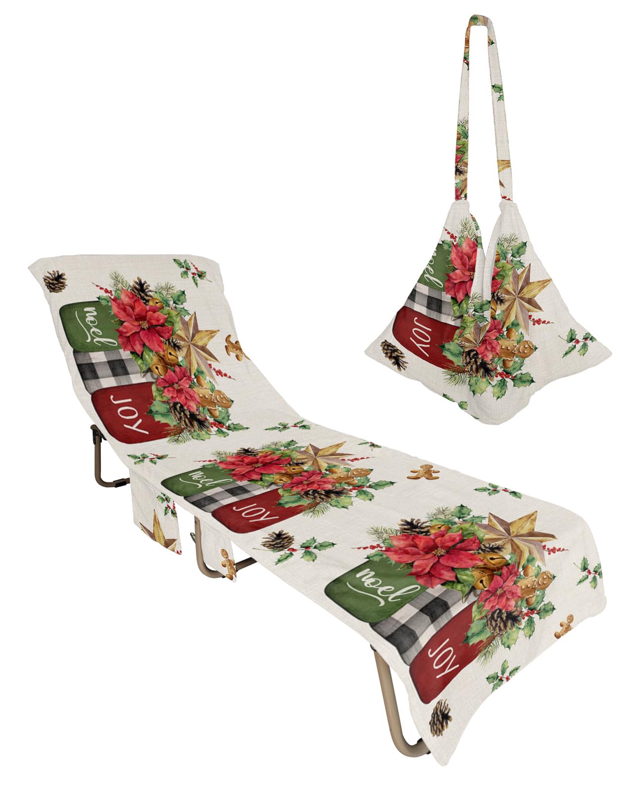 Christmas Beach Lounge Chair Towel Cover, Soft Chaise Lounge Towel with Side Pockets Patio Pool Chairs Cover for Beach/Pool Sunbathing 29x85 Xmas Poinsettia Berry Pine Cones Rustic Red Green