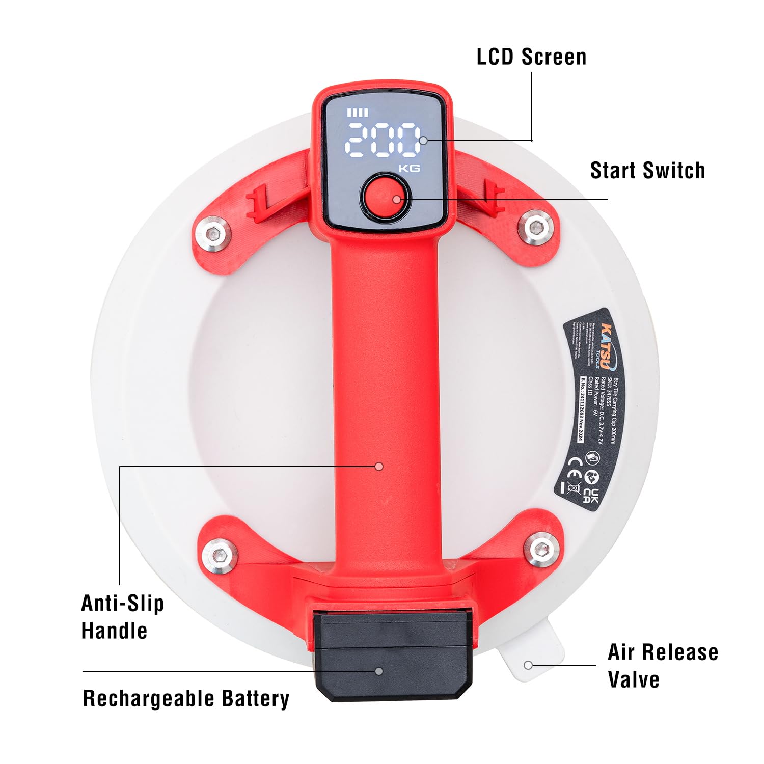 KATSU Tools 2 uds Ventosa Eléctrica 8", Pantalla Digital, Auto Start Stop, Silicona Triple Capa, Recargable, 200kg Carga, Elevador Cristal Azulejo en Estuche Plástico