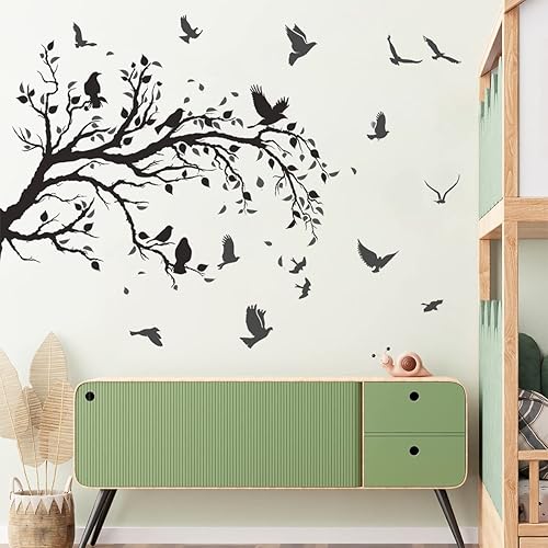 Miniatura 6 de Calcomanía de pared de ramas de árbol negro, pájaros voladores, 50 x 30 pulgadas, calcomanías de pared de hojas de pájaros, despegar y pegar,