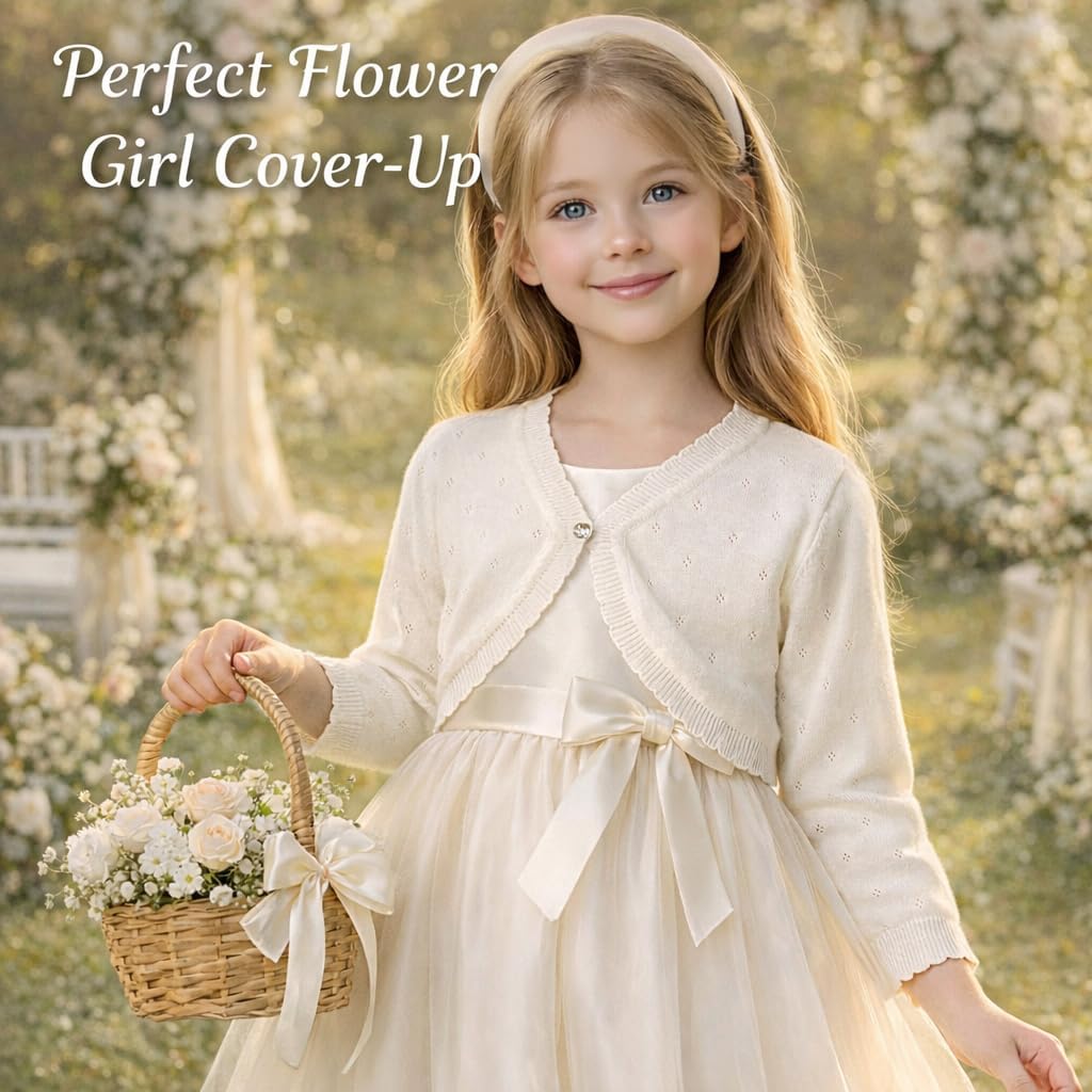 Girls Cardigan Knit Sweater Toddler Baby Kids Bolero Shrug | 100% Cotton Long Sleeve Button Closure Crop Jacket