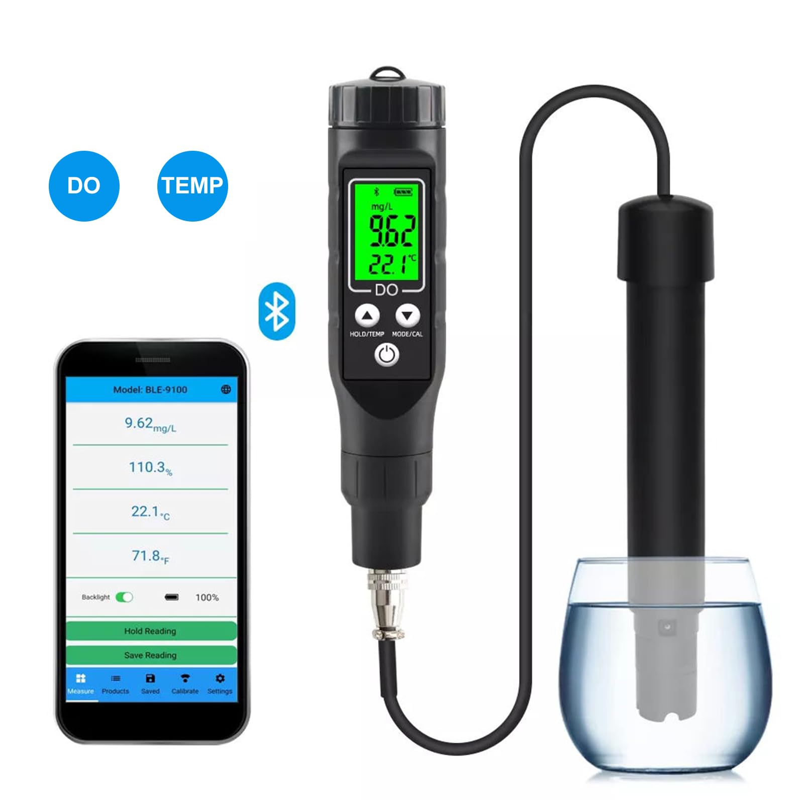 BuyWeek Misuratore di Ossigeno Disciolto, 0,0 – 30,0 MG/L Analizzatore di Ossigeno Disciolto Digitale Smart Bluetooth Rilevatore di Ossigeno Disciolto per Acquacoltura