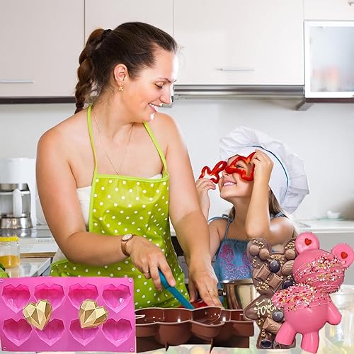 Miniatura 7 de Molde de chocolate de oso, 2 moldes de silicona de oso rompible con martillo y cepillo, molde de silicona en forma de corazón de diamante de 8