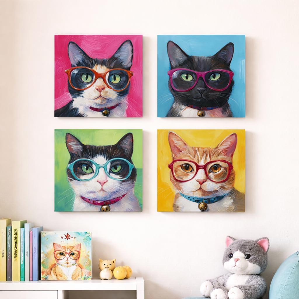 Artiluxy Cute Cat Canvas Wall Art Set of 4, 12x16 Inch Colorful Cat Portrait Prints with Glasses, Funny Pet Wall Decor for Living Room Bedroom, Ready to Hang (Green B)