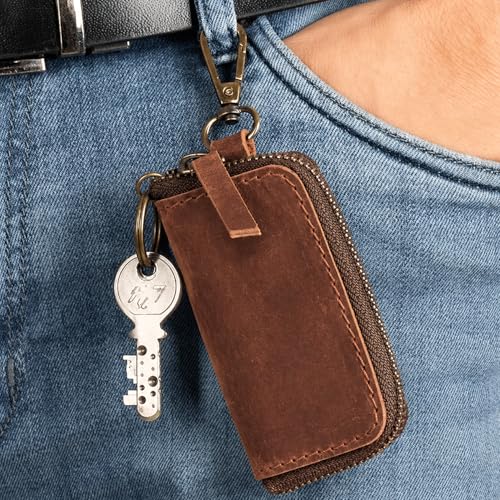 Image of Handmade Full Grain Leather Car Key Holder & Zippered Coin Purse | Belt Loop Key Chain, Compact Earphone Holder Multi-Functional Money Purse Elegant Leather Accessory Versatile Key Organizer (Tan)