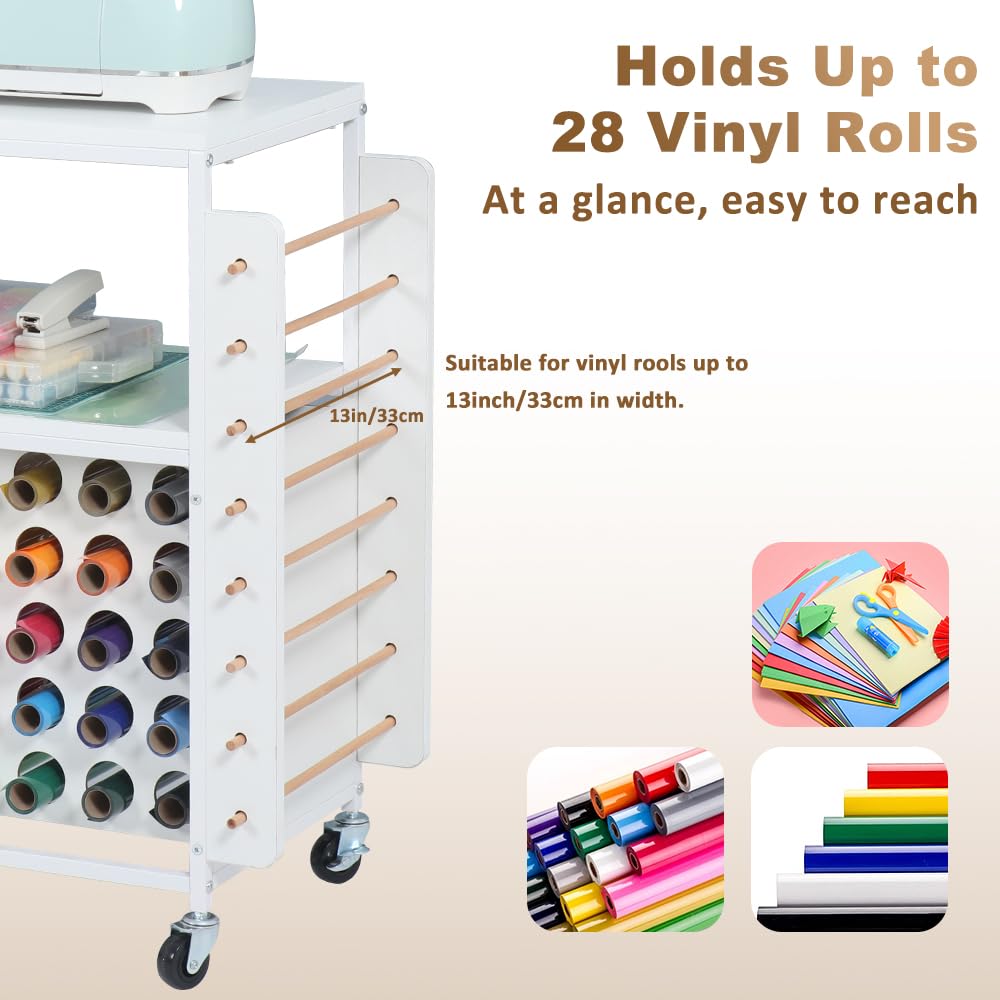 SMONTER Tavolo per organizzazione e conservazione per macchine Cricut, armadietto con 28 supporti per rotoli in vinile e 5 cassetti, supporto per pressa a caldo con ganci