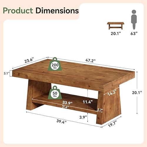 Miniatura 2 de Mesa de centro de madera maciza, mesa de centro de madera rústica de 47 pulgadas para sala de estar, mesa central rectangular de 2 niveles con