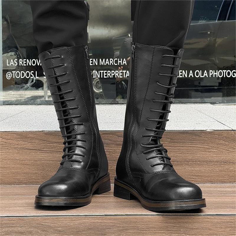 Santimon Men's Dress Combat Boots Lace-Up Side-Zip Mid-Calf Fashion Boots Non-Slip Motorcycle Shoes