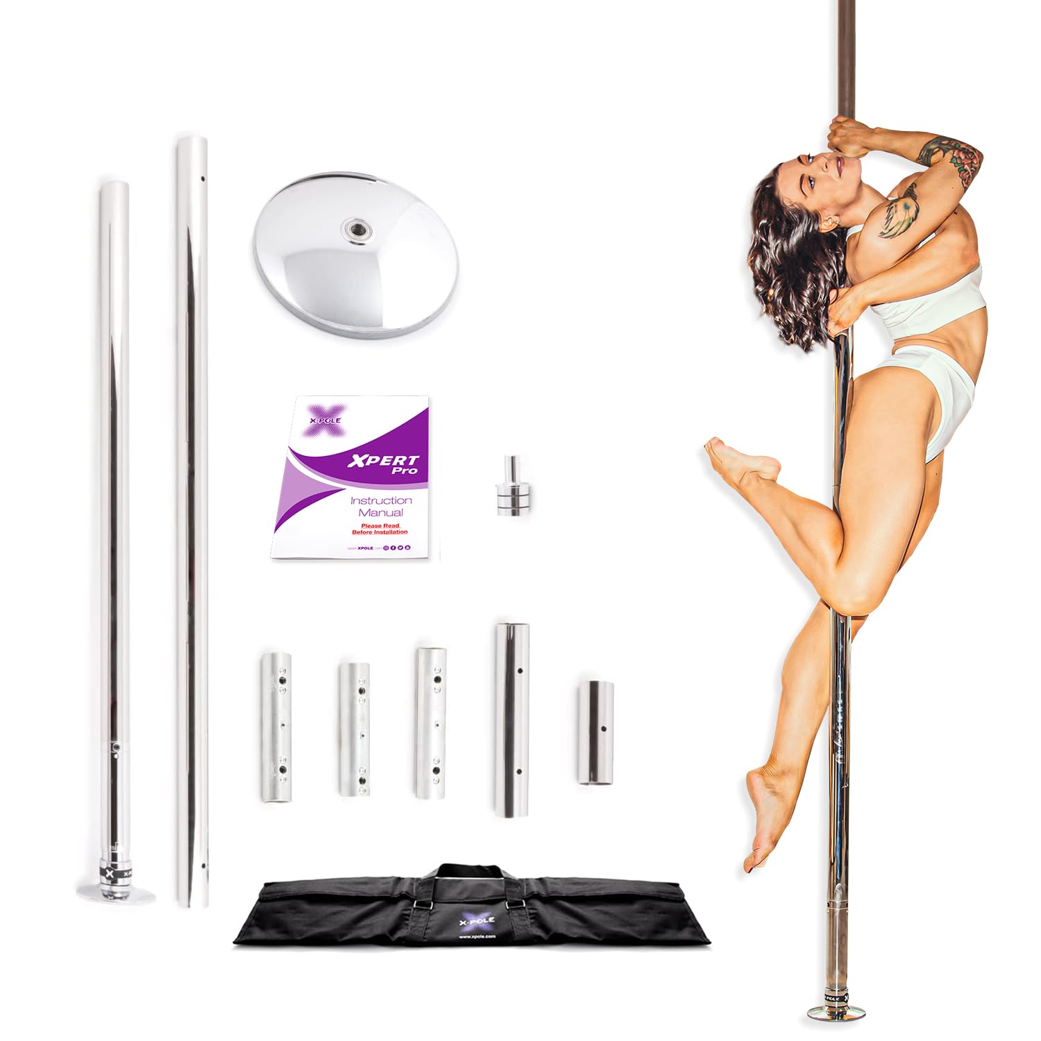 Dance & Fitness Pole for Home - Spinning & Static, Portable & Adjustable (XPERT PRO) [DVD + Grip Powder + Access to TV Membership]