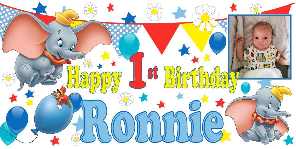 Personalised Dumbo Birthday Banner with Photo Name Age Large 4ftx2ft Poster Backdrop Welcome Sign Party Decorations For Boys first Birthday Blue1st 2nd 3rd 4th 5th 6th Girls Carnival Circus Party