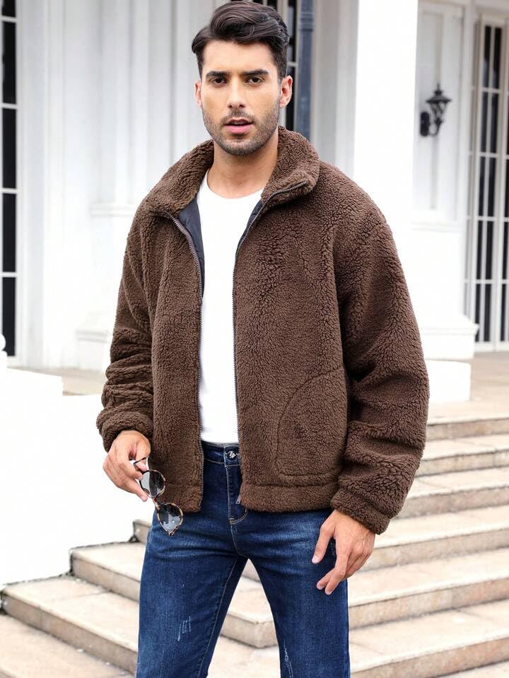Image of BE SAVAGE Solid Sherpa Oversized Jacket Woolen Long Sleeves Zipper Hoodie For Men's