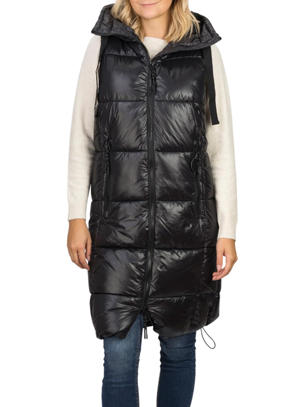 DENIMFY DFCaro Gilet matelassé à capuche pour femme, long, sans manches, avec fermeture éclair, coupe droite, longueur genou, beige, noir, vert, tailles S, M, L, XL, XXL