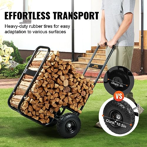 Image of VEVOR Log Cart 250 lbs Load Capacity, Outdoor and Indoor Wood Rack Storage Mover with Pneumatic Rubber Wheels, Heavy Duty Steel Dolly Hauler, Firewood Carrier for Fireplace, Fire Pit, Black
