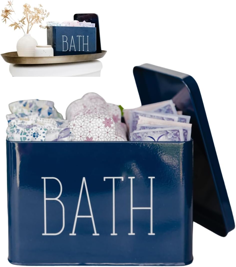 Lola Creates Co Farmhouse Bathroom Organizer - Tampon Storage, Bathroom Storage Box for Organization - Decorative Countertop, Under Sink, Cabinet or Shelf Organizers for Cosmetics, Accessories (Blue)