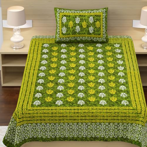 Image of RajasthaniKart Pure 100% Cotton Single Bed Sheet with 1 Pillow Cover (Bedsheet for Single Bed Cotton, Green Small Booty)