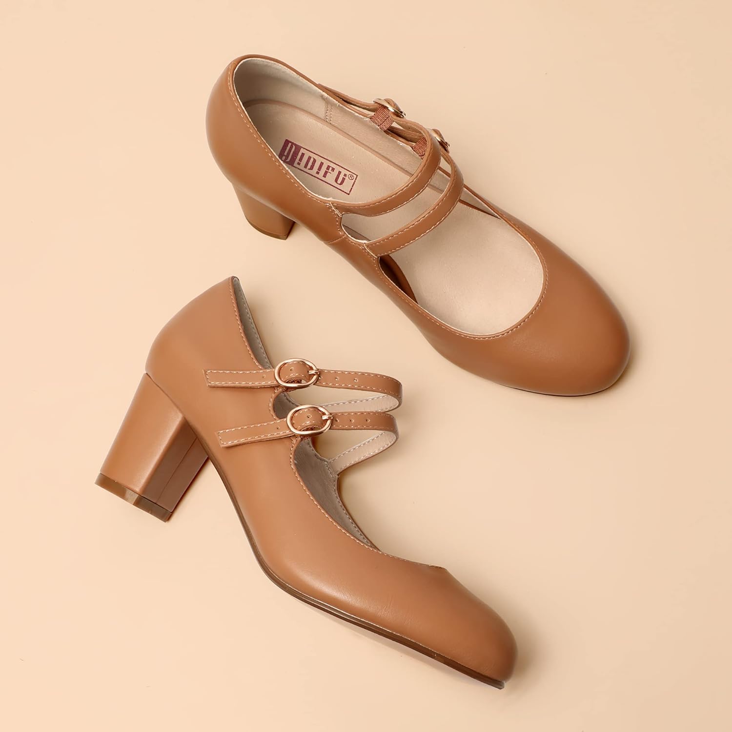 IDIFU Women's Dress Shoes for Women Pumps Mary Jane Heels Low Block Round Closed Toe Wedding Office Work - Image 4