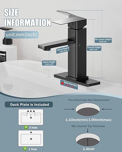 Miniatura 8 de Casavilla Juego de grifos de baño con desagüe emergente, grifo moderno de lavabo de baño negro de una sola manija con placa de cubierta (1 o 3