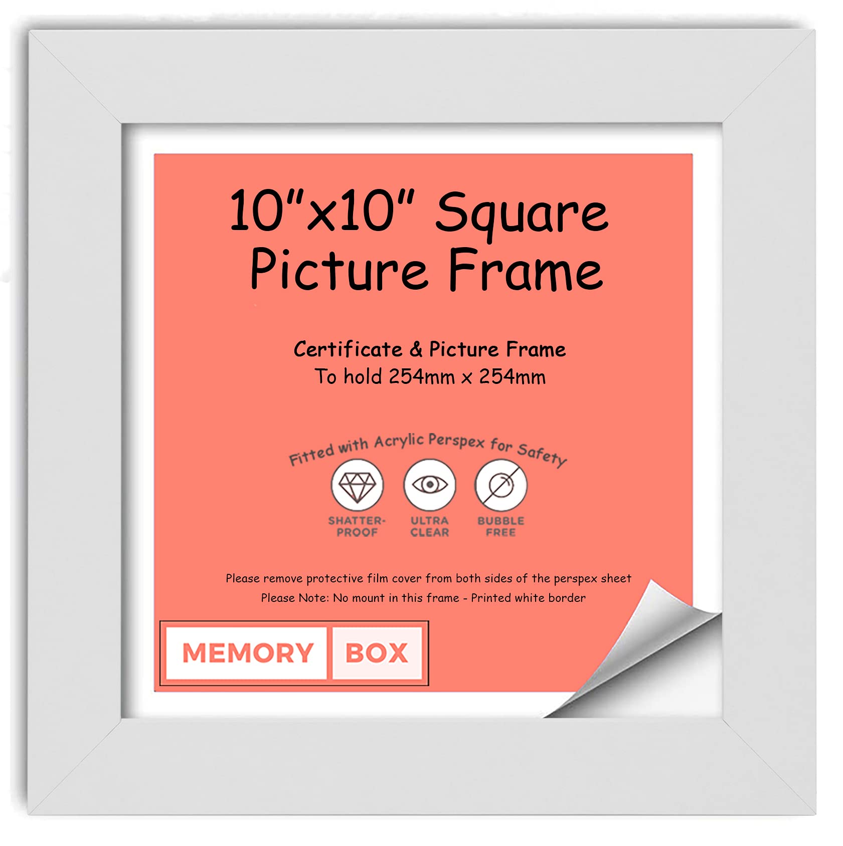 Memory Box Wrapped MDF Picture/Photo/Poster INSTAGRAM SQUARE frame with Perspex Sheet - Moulding 30mm Wide and 15mm Deep - (25.4 x 25.4cm) White 10" x 10"