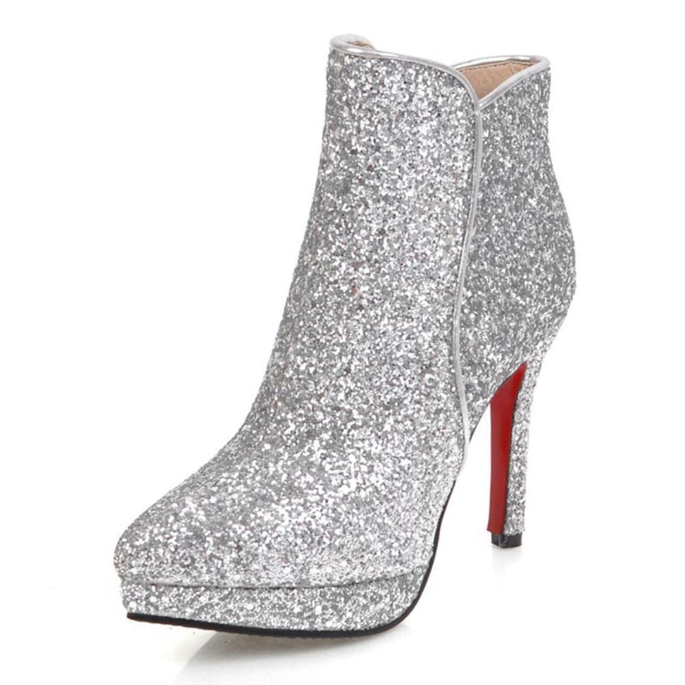 MDHANBK Women's Autumn Winter High Heels Sexy Ankle Boots Glitter Bling Sexy Boots Platform Zipper Female Shoes Silver 8
