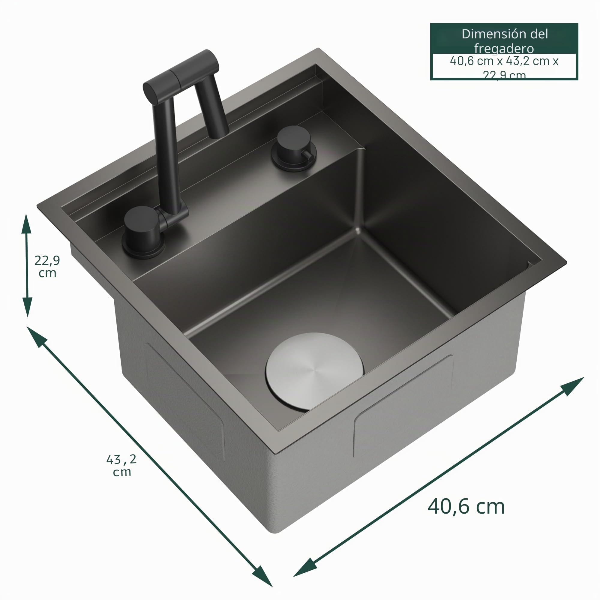 TORVA fregadero camper con grifo cocina, fregadero negro cocina 1 seno acero inoxidable bajo encimera, 40,6 x 43,2 x 23 cm