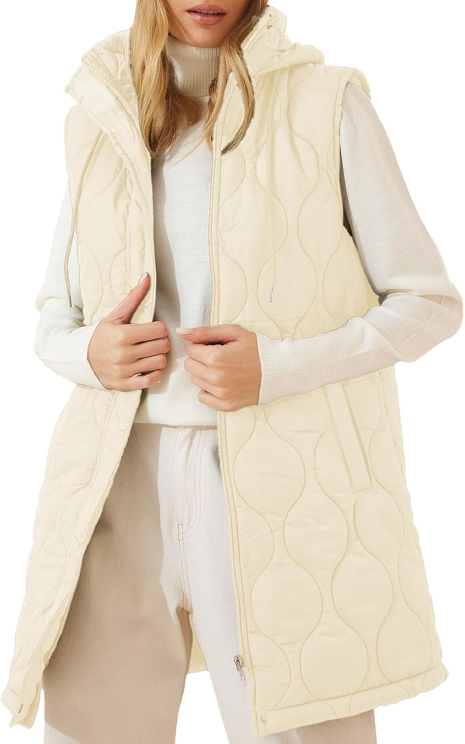 EVALESS Long Puffer Vest Women Sleeveless Hooded Puffer Jacket Lightweight Quilted Jackets Winter Warm Zip Up Coat Outerwear