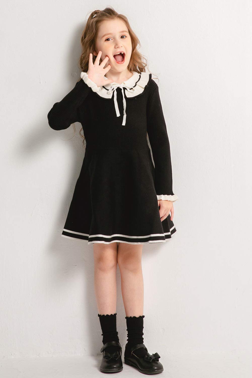 Vestido de manga larga para niñas, para fiesta de cumpleaños, con volantes, con lazo, para invierno