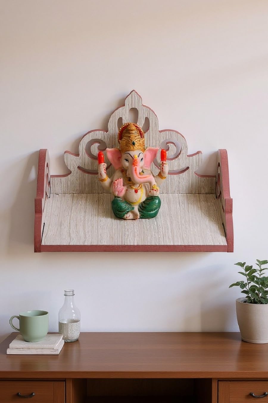 Light Oak Wooden Temple Shelf for Home | Crown Arch Cutwork Wall Mounted Pooja Rack/Mandir for Single Idol Display-image-39