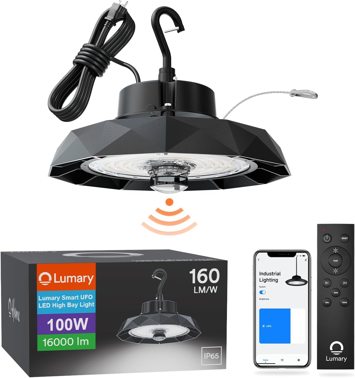 Lumary Smart UFO LED High Bay Light Motion Sensor 100W, Work with Alexa via Hub, Bluetooth Hanging Ceiling Shop Lights for Garage w/Remote, 16,000Lm Brightness Dimmable 1-100%, 5000K for Workshop