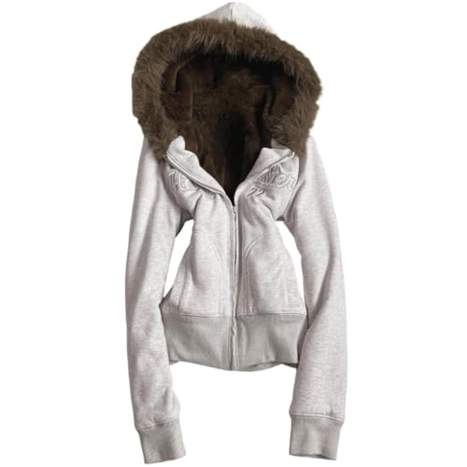 Y2K Hoodie Damen Zip Up Winterjacke mit Fellkapuze Vintage Grunge Winterjacke Streetwear Strickjacken Kapuzenpullover mit Reißverschluss übergangsjacke Fleecejacke Cardigan