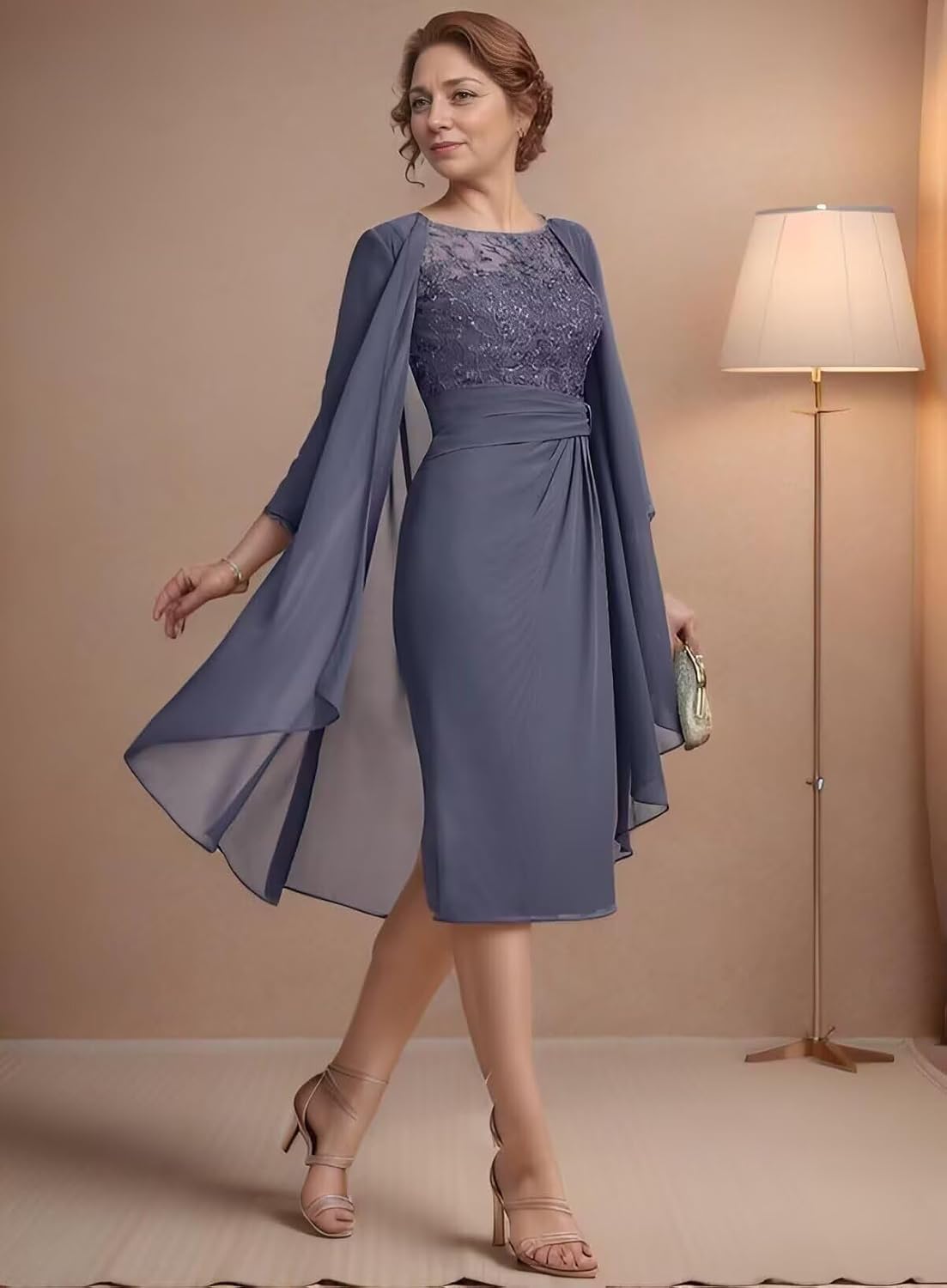 2 Pieces Mother of The Bride Dress with Jacket Long Sleeves Lace Appliques Chiffon Formal Evening Party Gowns for Women