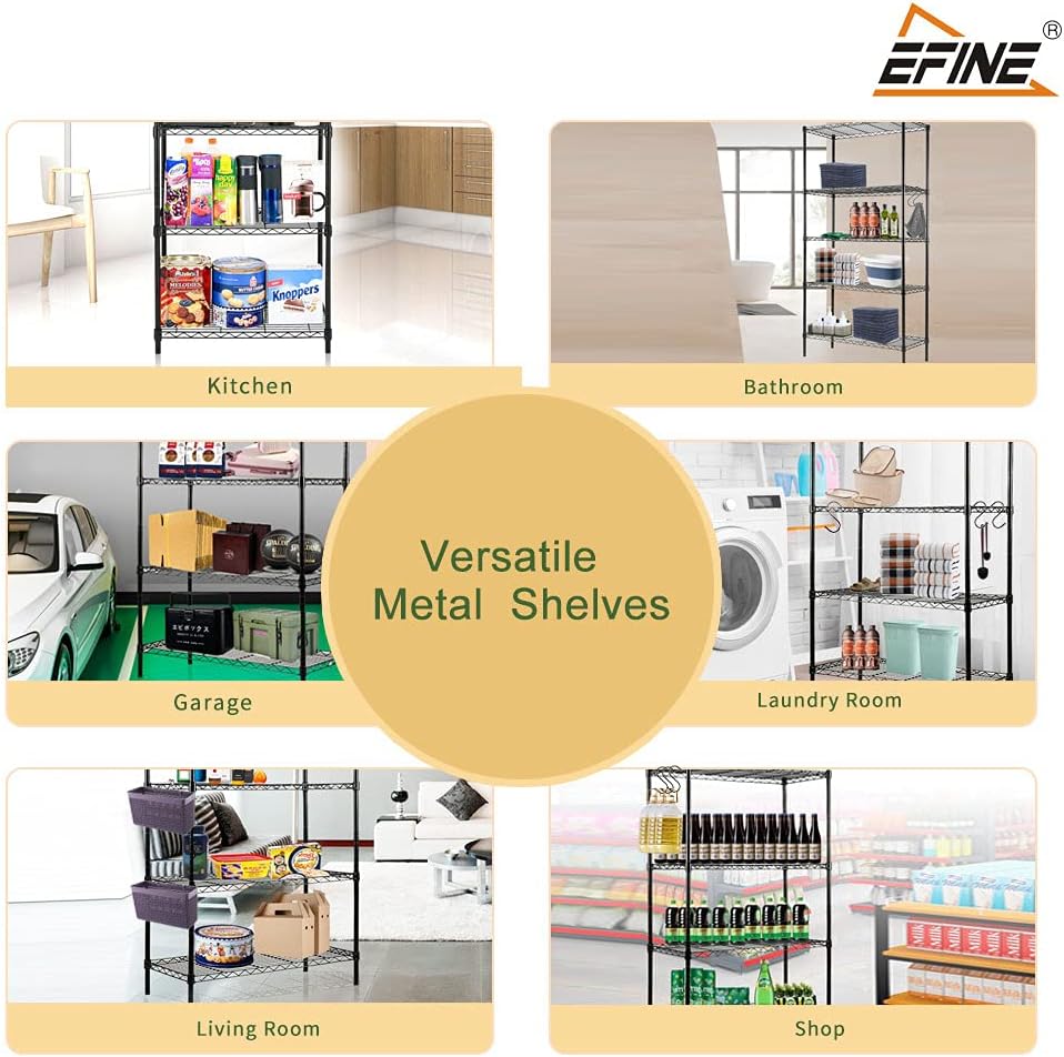 EFINE 5-Shelf Shelving Unit with 8-Hook, NSF Certified, Adjustable, Steel Wire Shelves, 150lbs Loading Capacity Per Shelf, Shelving Units and Storage for Kitchen and Garage (23.6W x 14D x 59H) Black : Tools & Home Improvement