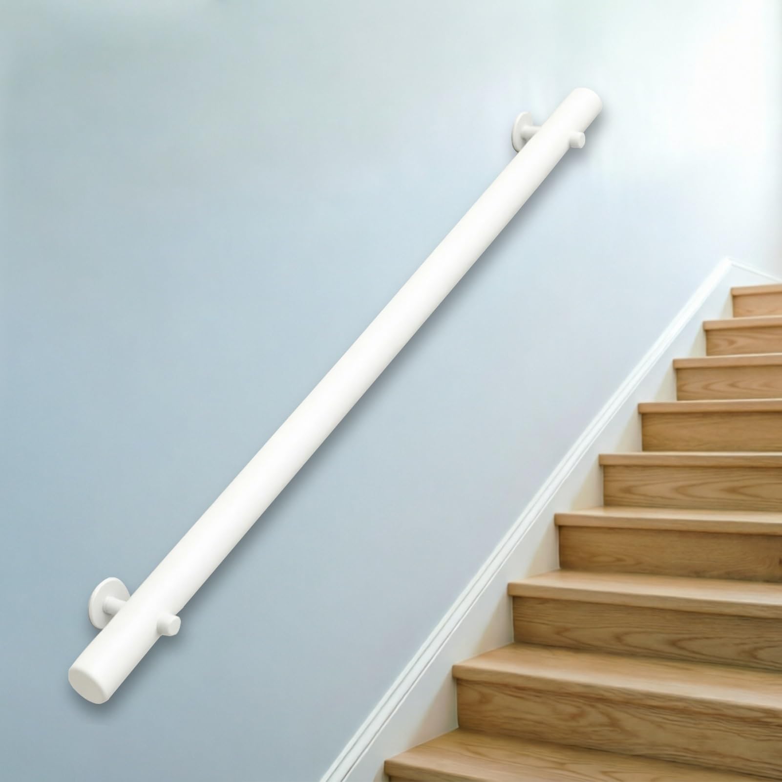 DMCHENGMA Wood Handrail w/Metal Bracket - Wall Mount Railing for Long Stairs, White Round Modern Stairs Banister(13.1ft/400cm)