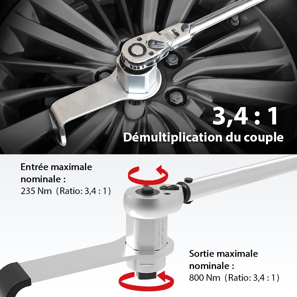 FIRSTINFO F3220DF | Multiplicateur de Couple Manuel 800 Nm 3,4:1 | Clé avec Adaptateur 1/2" Femelle vers 3/4" Mâle | Pour Écrous de Roue Auto