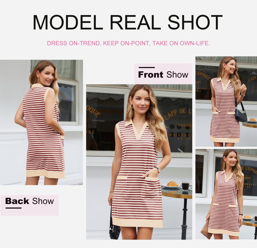 Image of Dokotoo Womens Summer Dresses 2025 V-Neck Sleeveless Striped Casual Mini Dress Sundress with Pockets