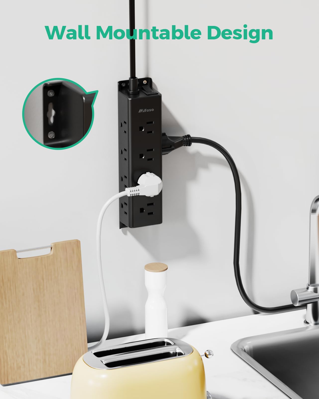 Mifaso - Tira de alimentación para protección contra sobretensiones, cable de Exetnsion de 5 pies con múltiples tomacorrientes, 9 tomacorrientes espaciadas, enchufe plano, montaje en pared para