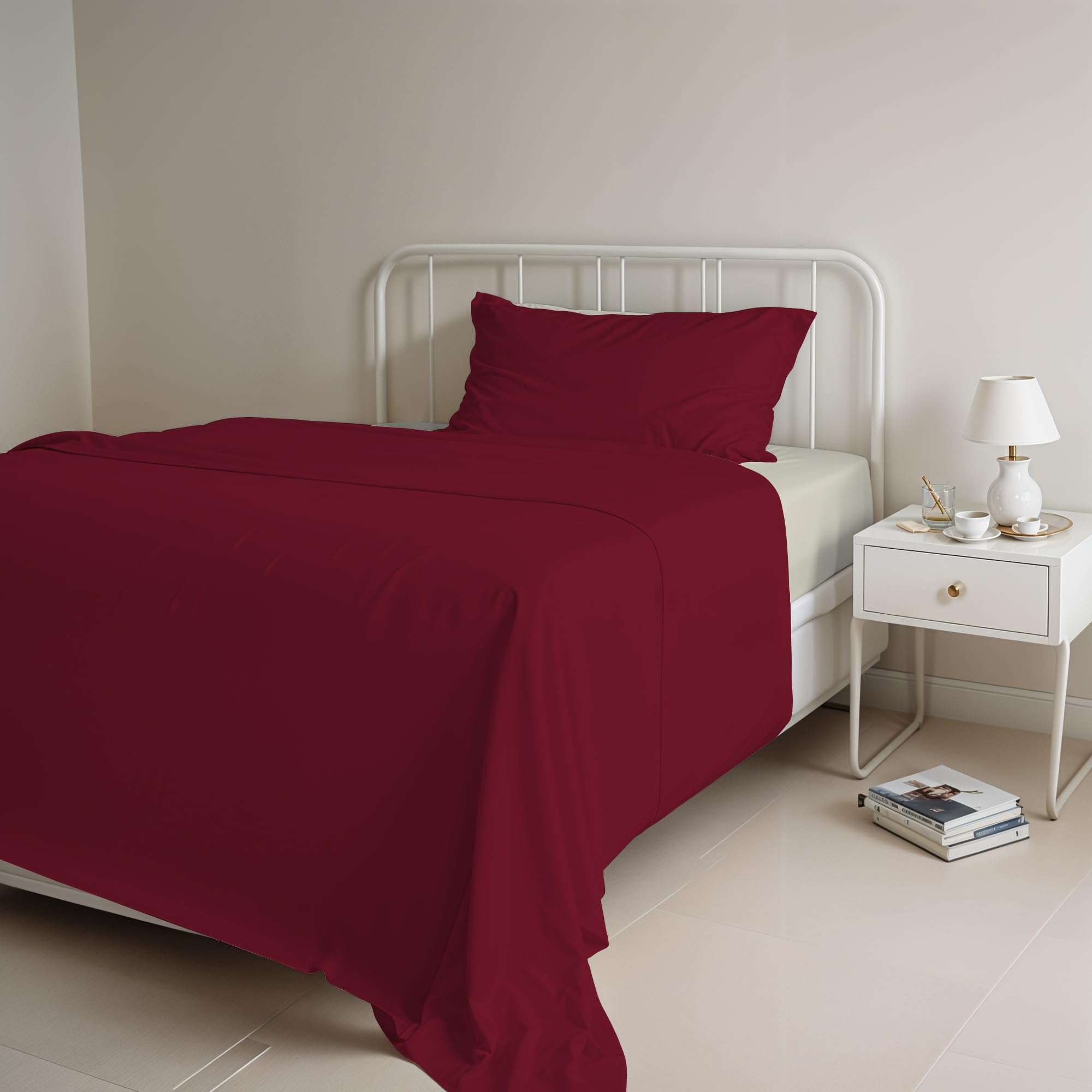 Italian Bed Linen Natural Colour Bed Sheet Set, Bordeaux/Cream, Single