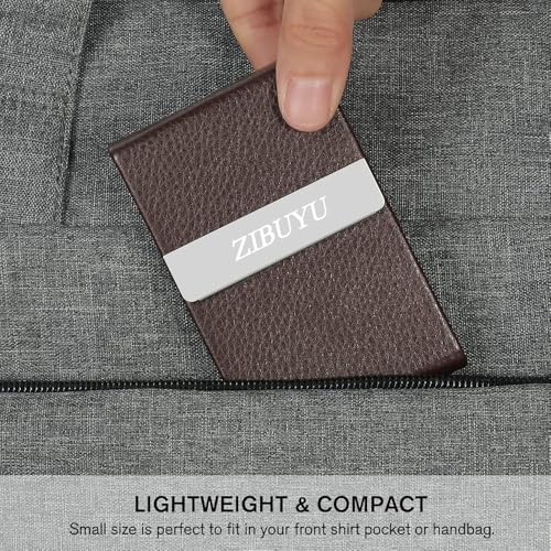 Image of ZIBUYU Business Card Holder Metal Visiting Card Case Classy Card Holder for Women & Men PU Leather Wallet Card Case with Metal Magnetic Clasp, 20 Cards (6x9.5cm) - Coffee Brown