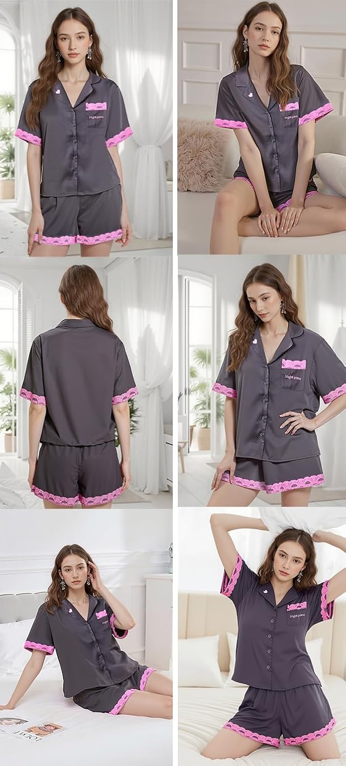 Satin Pajamas for Women Set - Silk Shorts Pjs Soft Short Sleeve Button Down with Lace Trim Sleepwear (Eye Mask) - Image 4